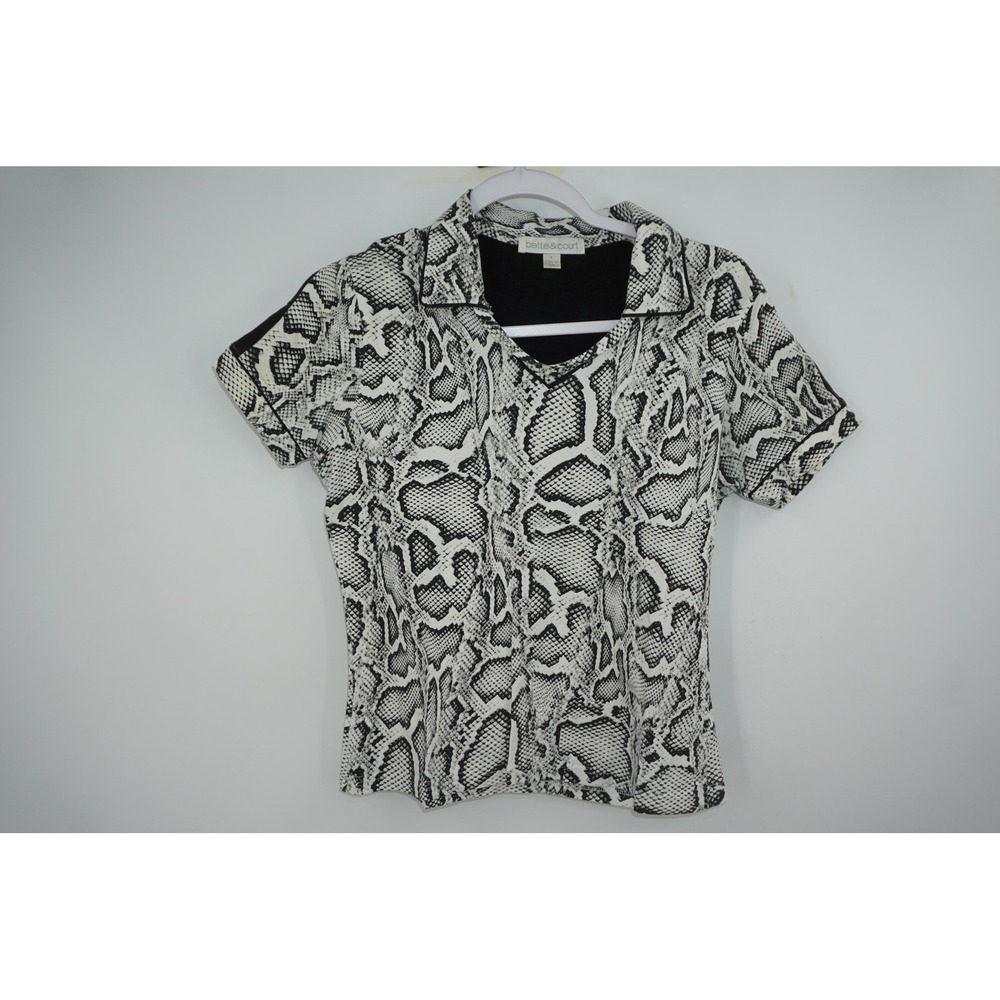 Bette & Court Shirt Womens Small Black White Snakeskin Print Collared V‎ Neck